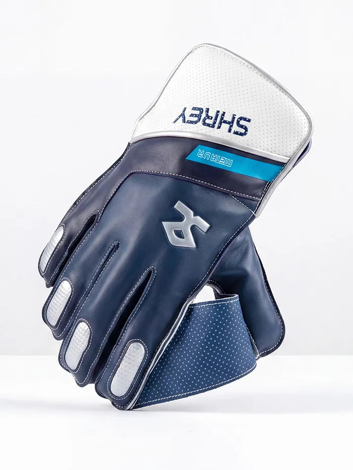 Shrey Meta VR Cricket Wicket Keeping Gloves Navy White Adult Size @ Left Back View 2