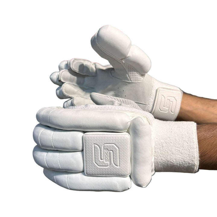 Somi Sapphire Pro All White Cricket Batting Gloves Mens Size@front view