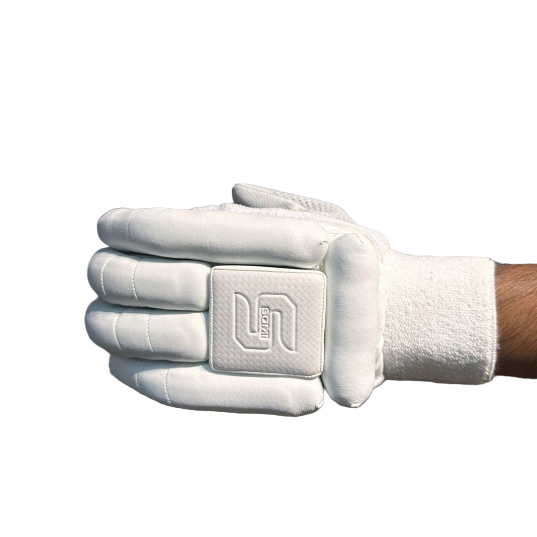 Somi Sapphire Pro All White Cricket Batting Gloves Mens Size@front view1