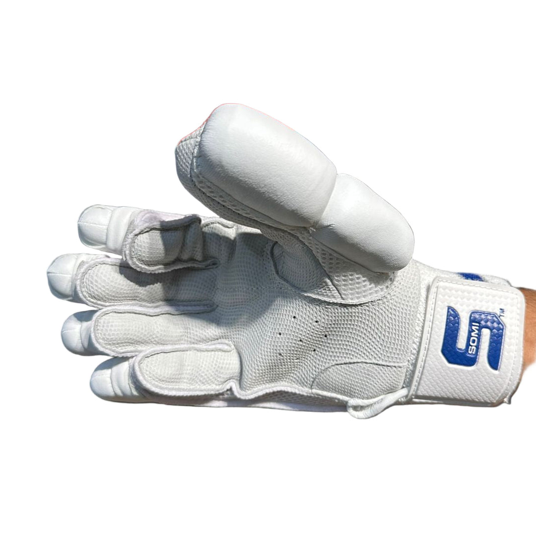 Somi Sapphire Pro Blue White Cricket Batting Gloves Mens Size @ Right Back View