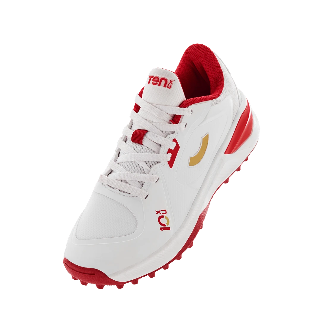 Tenxu Youngstar Kids Cricket Shoes Bright White Racing Red @ Front View 3