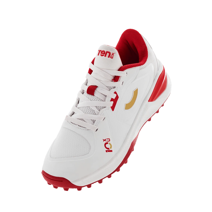 Tenxu Youngstar Kids Cricket Shoes Bright White Racing Red @ Front View 3