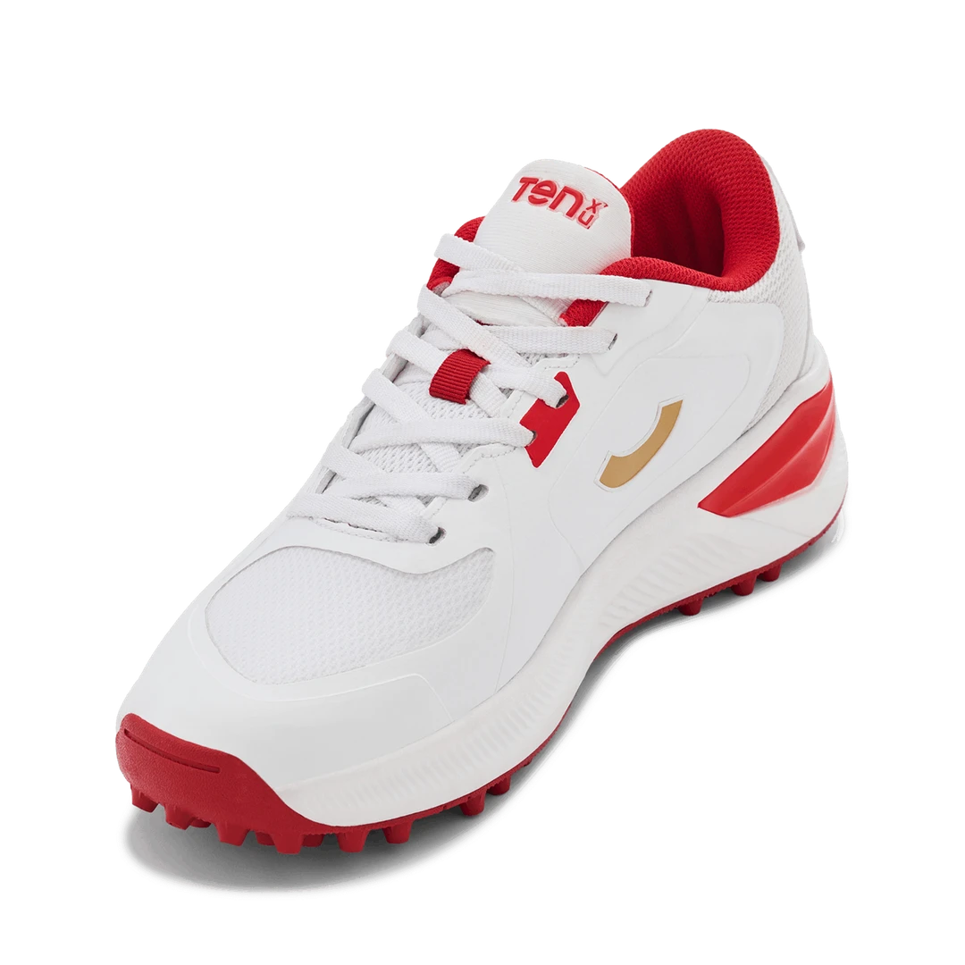 Tenxu Youngstar Kids Cricket Shoes Bright White Racing Red @ Side View 2