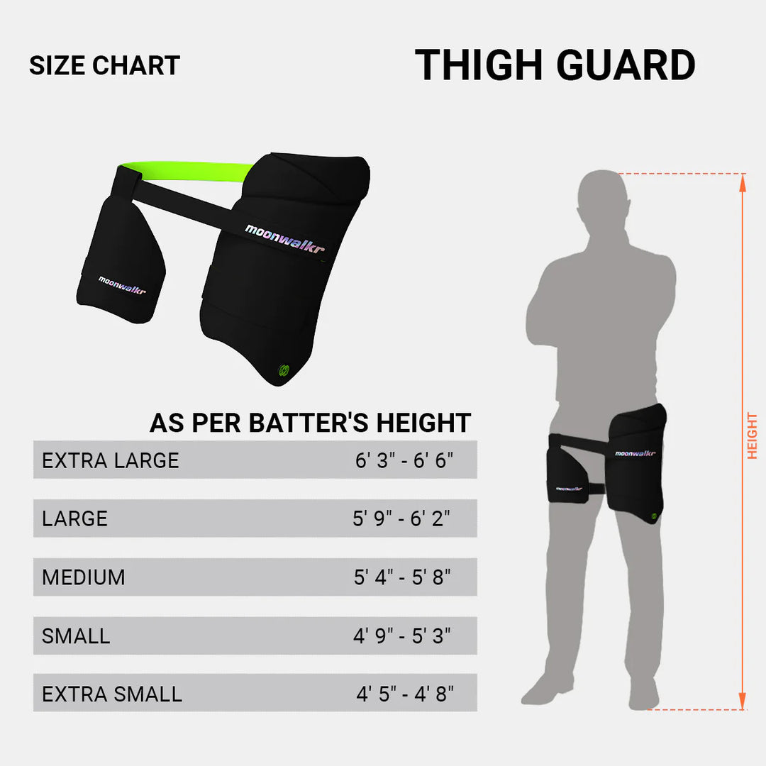 Moonwalkr 2.0 Cricket Batting Combo Thigh Guard Pad Black @ Size Chart View 1