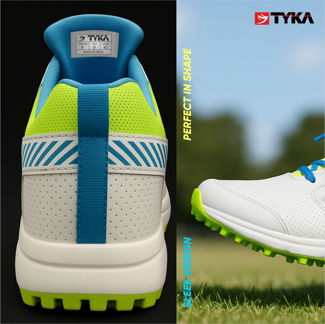 Tyka Velocity Rubber Cricket Shoes White Cyan @ Back View 3