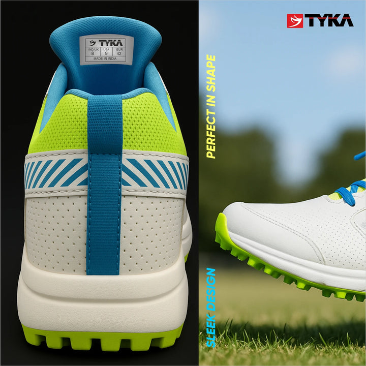 Tyka Velocity Rubber Cricket Shoes White Cyan @ Back View 3