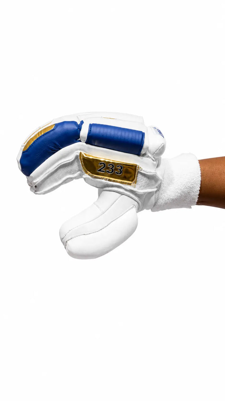 Versant Showman Glory Limited Edition Cricket Batting Gloves White Blue @ Side View