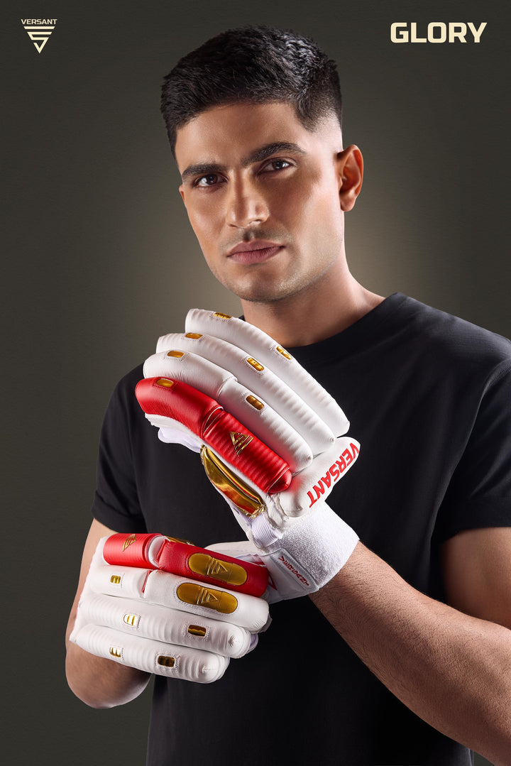 Versant Showman Glory Cricket Batting Gloves White Red Golden