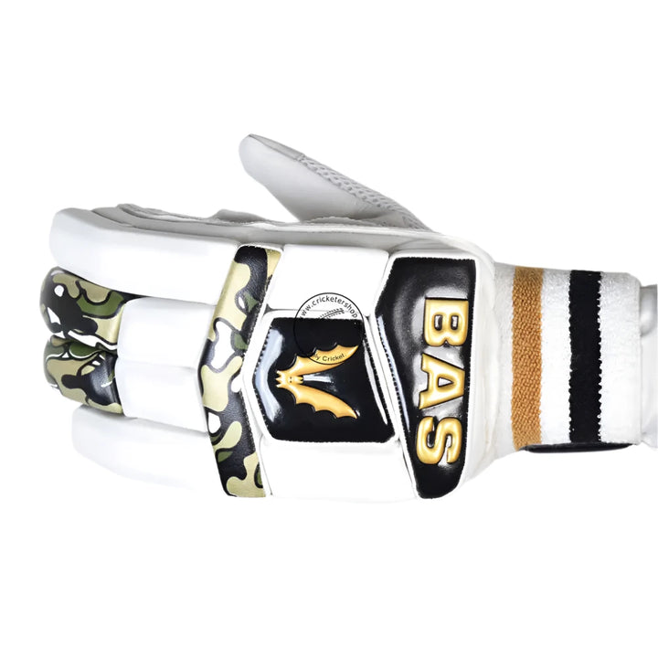 BAS Vampire Camo Gold Cricket Batting Gloves Mens Size @ Left Back View