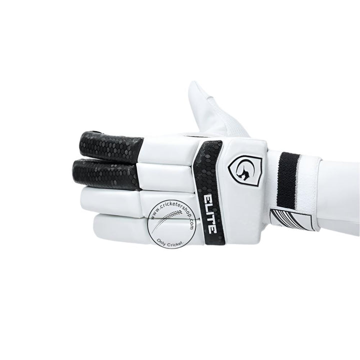 Gortonshire Elite Black & White Cricket Batting Gloves @ Left Back View