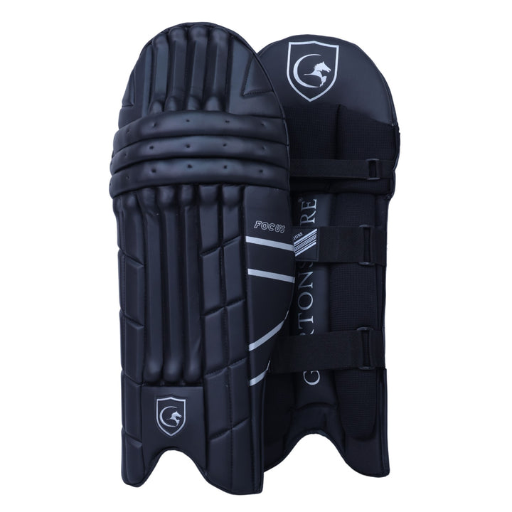 Gortonshire Focus Black Cricket Batting Leg Guard Pads Size@composite view